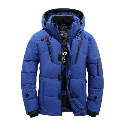 Men's puffer jacket with hood and many pockets