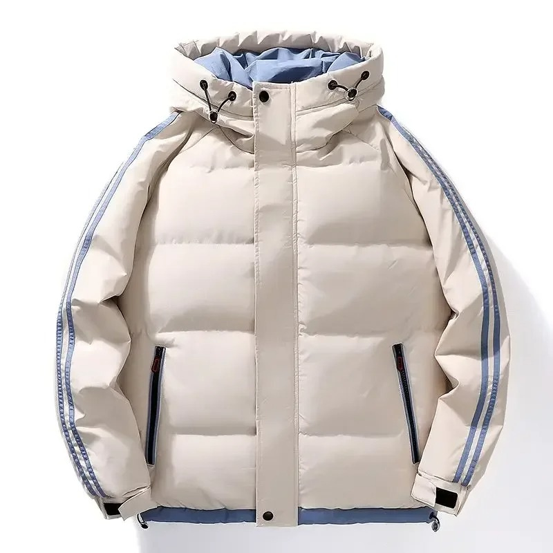 Men's puffer jacket with hood and contrasting stripes