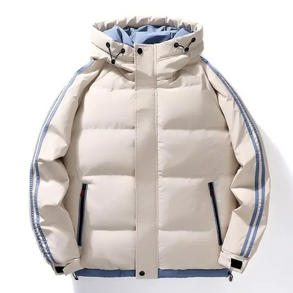 Men's puffer jacket with hood and contrasting stripes