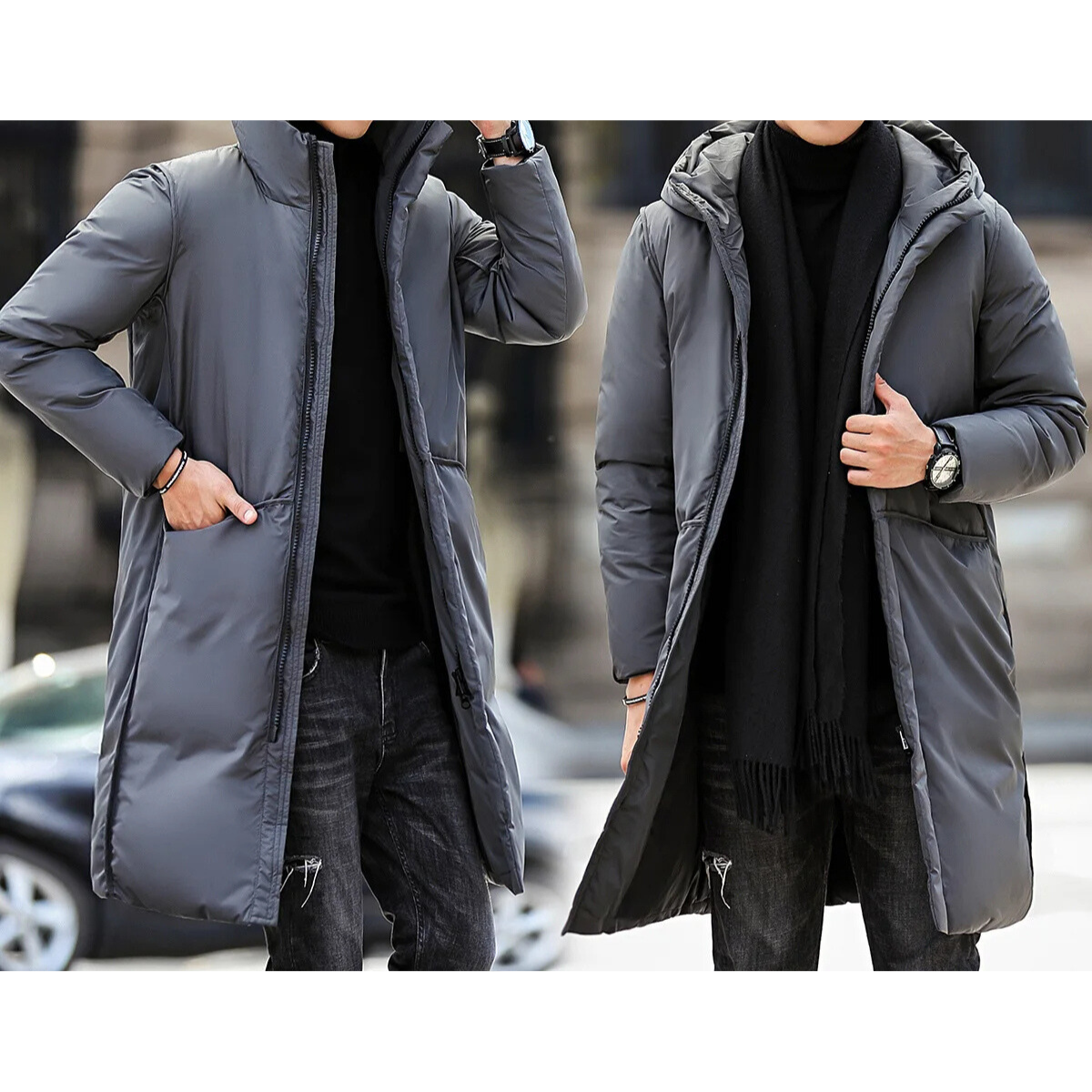 Men's parka winter jacket long cut with hood and pockets