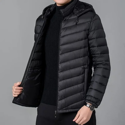 Men's weatherproof puffer jacket with hood and zip