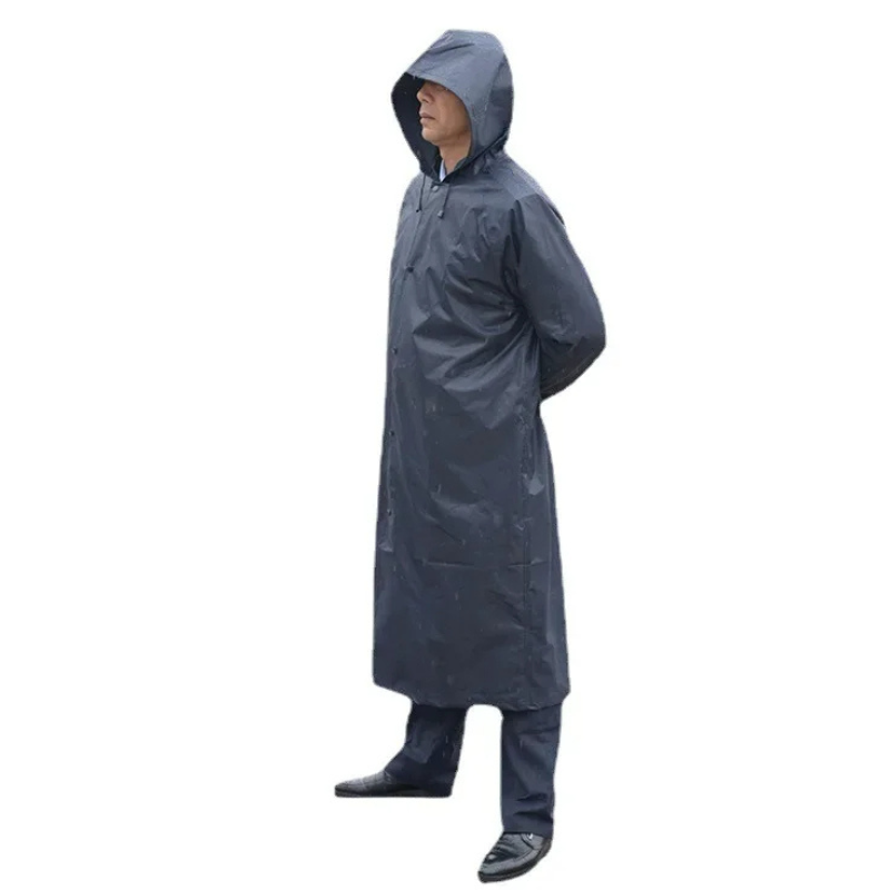 Men's long waterproof mackintosh with hood for outdoor use