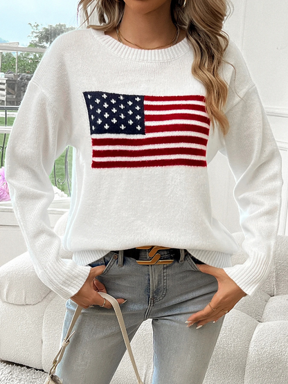 Casual Knitted Sweater With American Flag Print - Women's Sweater