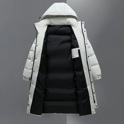 Men's long puffer jacket with insulated hood and full-length zip