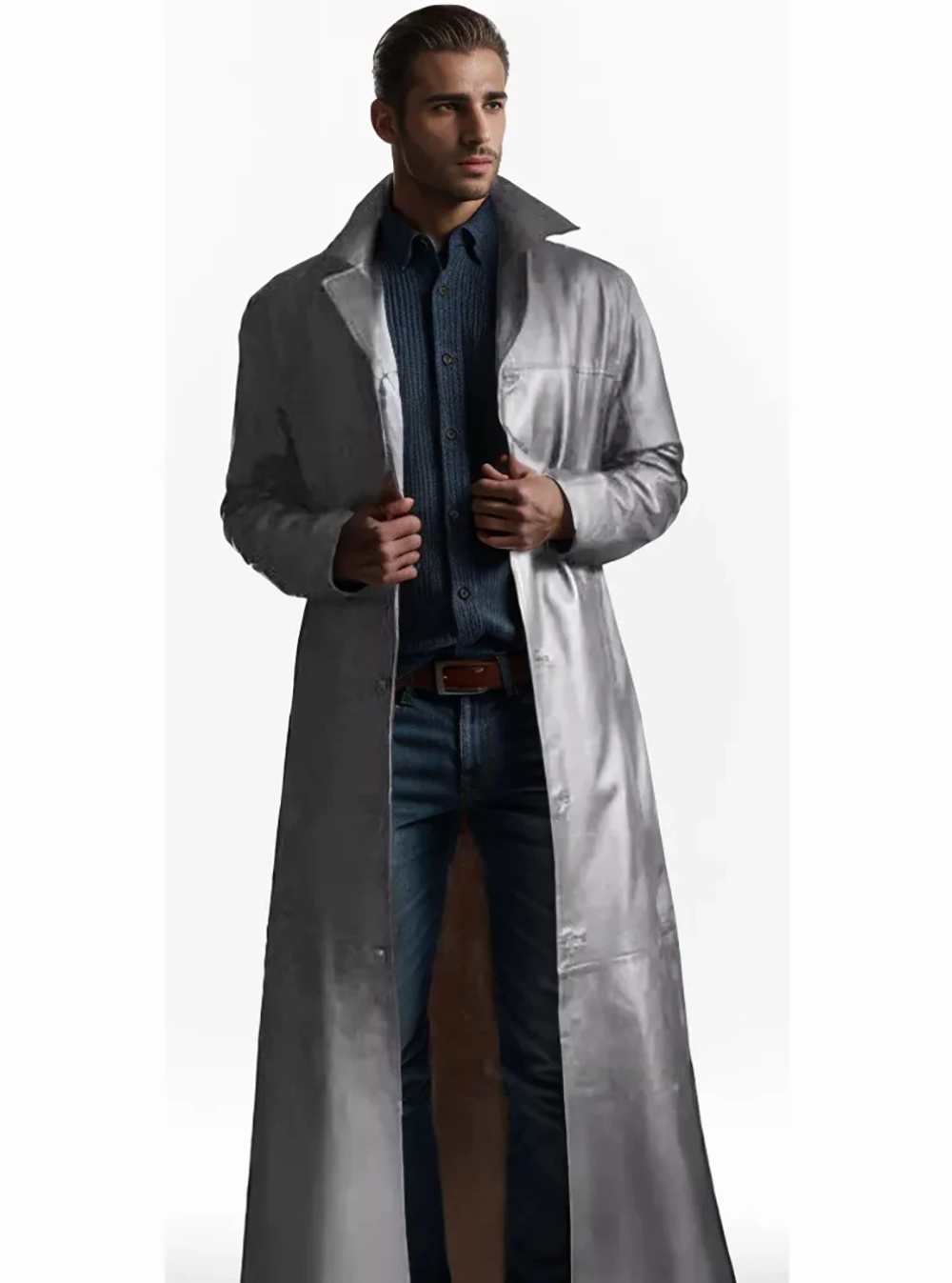 Modern men's coat - Long leather coat with classic lapels