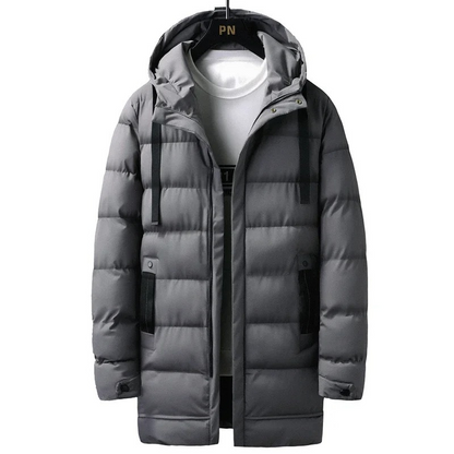 Puffer jacket men long with hood and several pockets