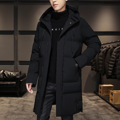 Puffer jacket men long with hood and practical pockets