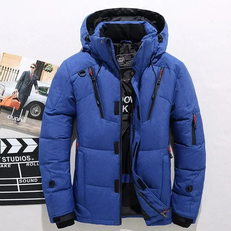 Men's puffer jacket with hood and multiple pockets