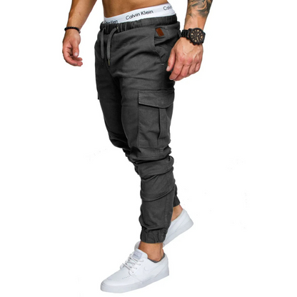 Multi-pocket long cargo trousers with drawstring for men