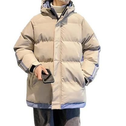 Men's puffer jacket with contrasting stripes and front zip