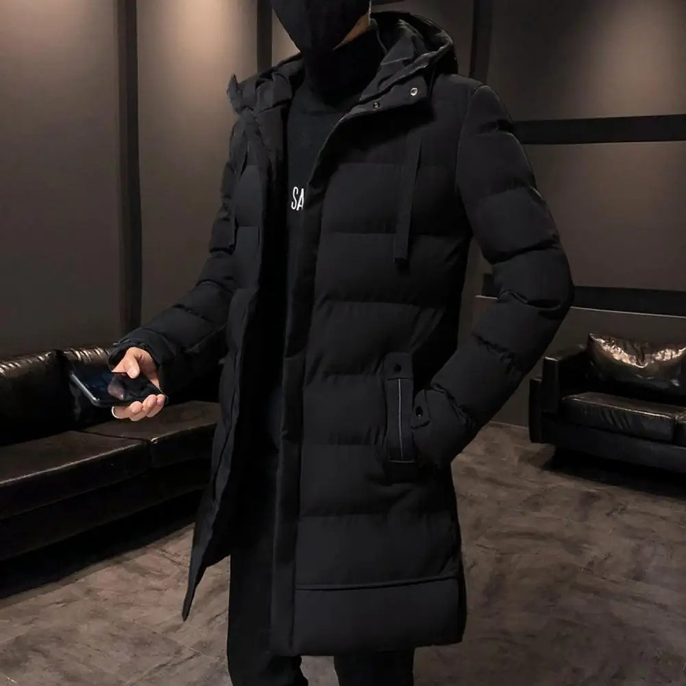 Men's long puffer jacket with large hood and zip pockets