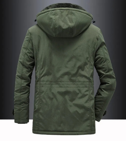 Men's parka winter jacket with fur hood and many pockets