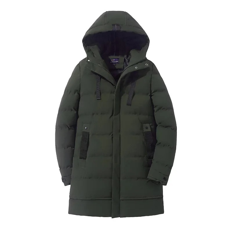 Men's long puffer jacket with hood and several pockets