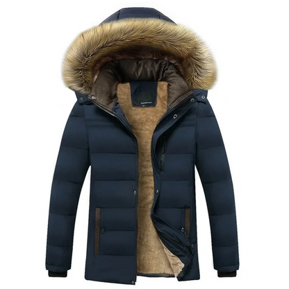 Men's lined parka jacket with hood and faux fur trim