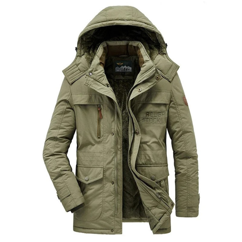 Insulated parka jacket for men with multiple pockets and hood