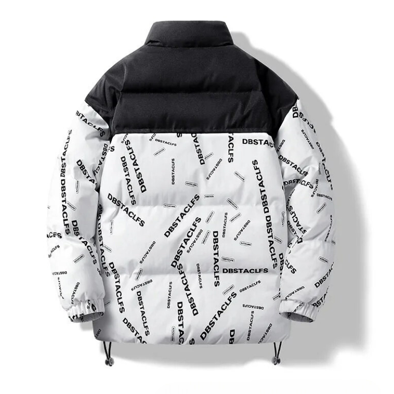 Men's puffer jacket with pattern print and drawstring