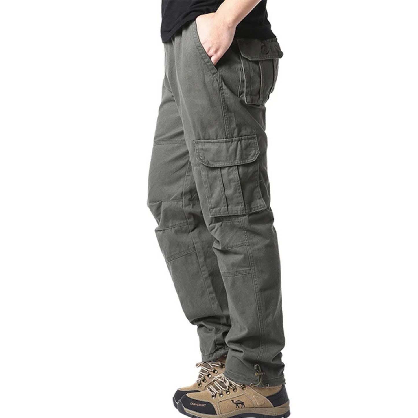 Elasticated waist large pocket cotton cargo trousers mens