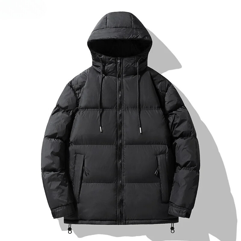 Men's puffer jacket with large hood and zip pockets