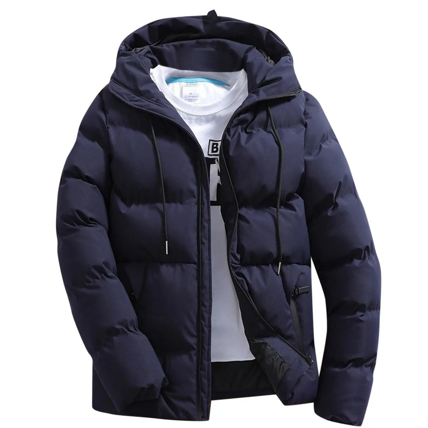 Men's puffer jacket with hood and zip pockets