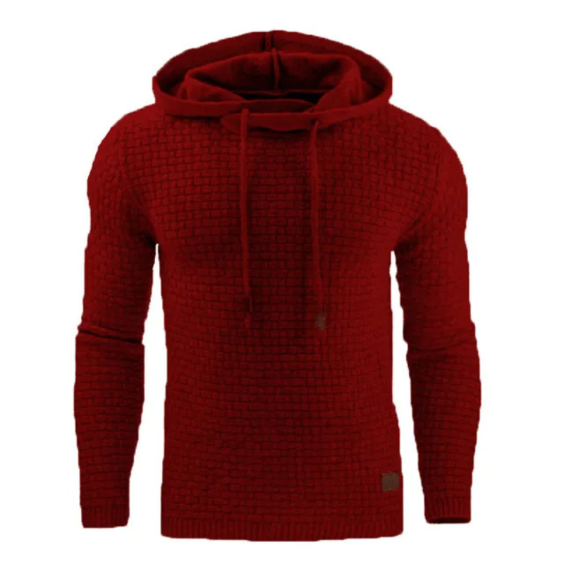 Men's sweater with hood, structured knitted jumper with drawstring