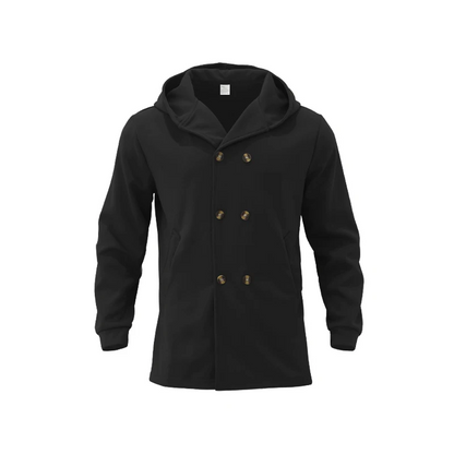 Modern men's coat - Double-buttoned coat with hood