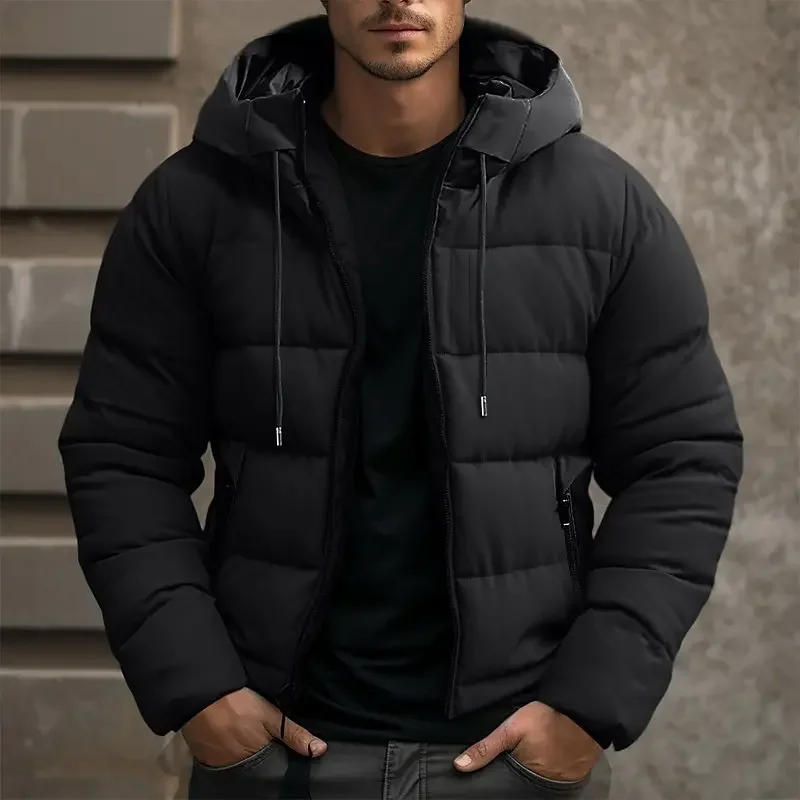 Men's puffer jacket with hood and zip pockets