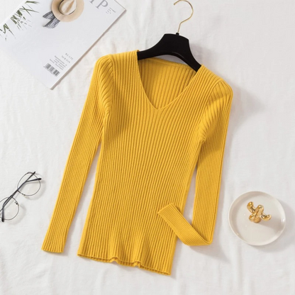 Slim-Fit Ribbed V-Neck Pullover For A Chic Look - Women's Sweater