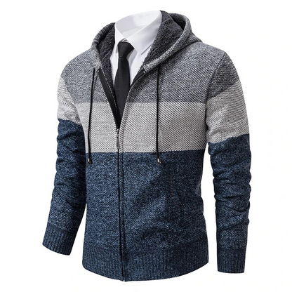 Men's sweater with hood, knitted cardigan with zip and drawstring