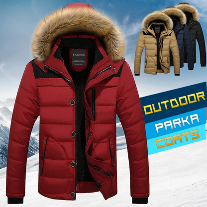 Men's parka winter jacket with detachable hood and button fastening