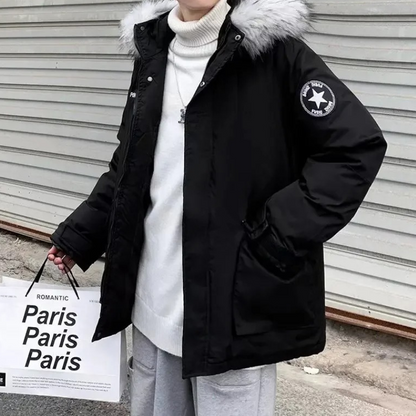 Mens winterproof parka jacket with detachable faux fur collar