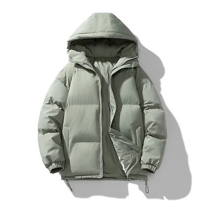 Men's puffer jacket with large hood and adjustable hem