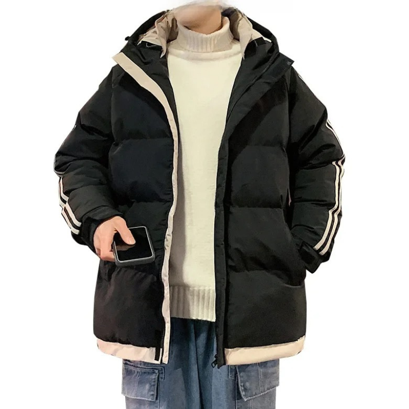 Men's puffer jacket with contrasting stripes and front zip