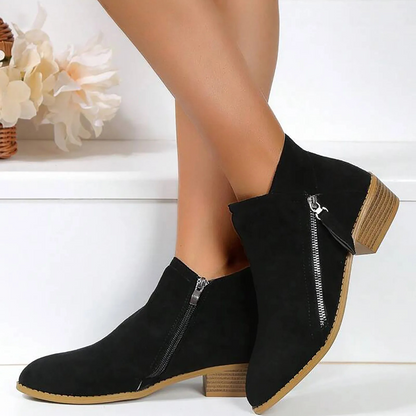 Women's Suede Ankle Boots with Zipper and Low Heel - Women's Ankle Boots