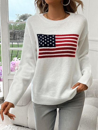 Casual Knitted Sweater With American Flag Print - Women's Sweater