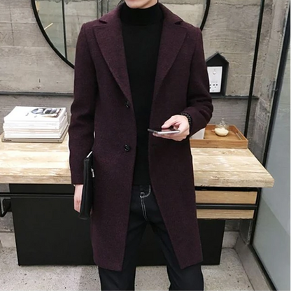 Elegant men's coat - slim-fit wool coat with lapel collar