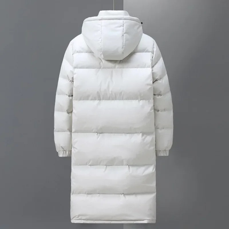 Men's long puffer jacket with insulated hood and full-length zip