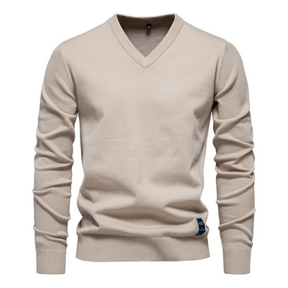 Classic V-neck men's sweater with subtle label detail