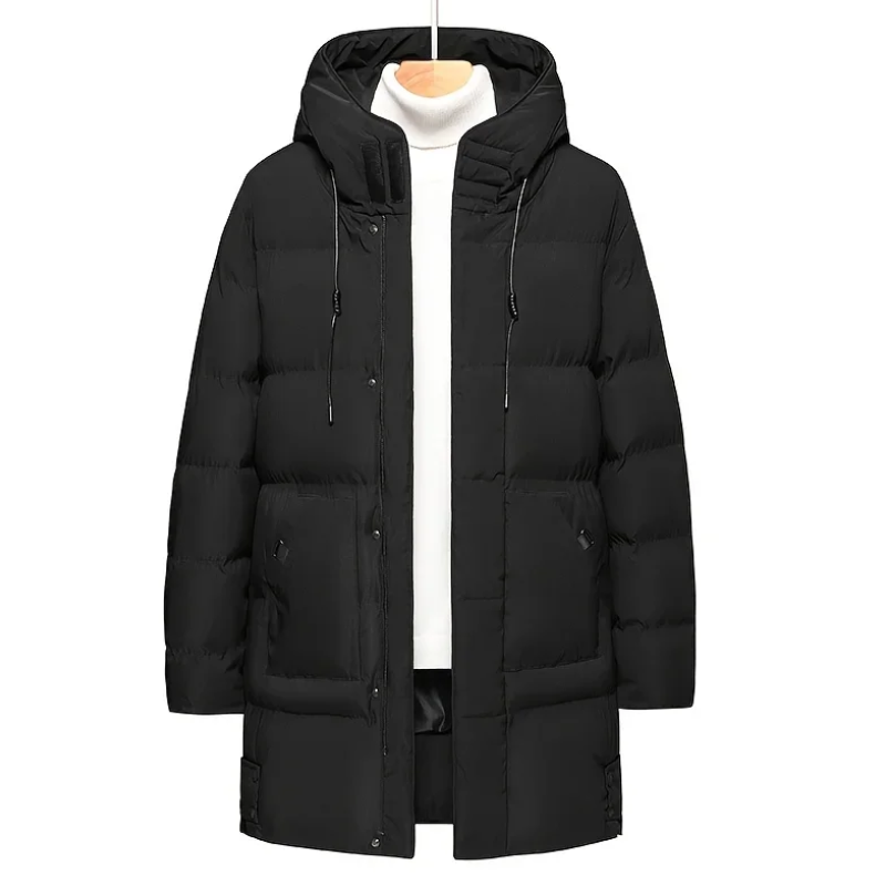 Men's long puffer jacket with adjustable hood and zip