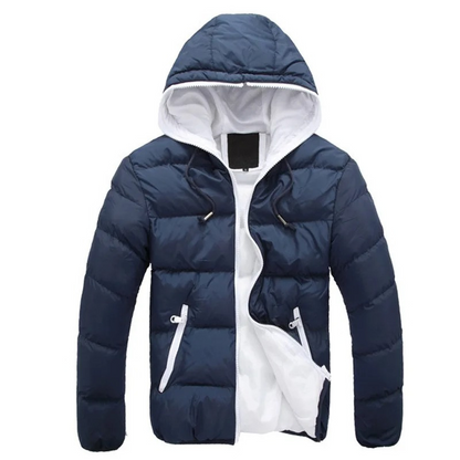 Men's puffer jacket with hood and contrast lining