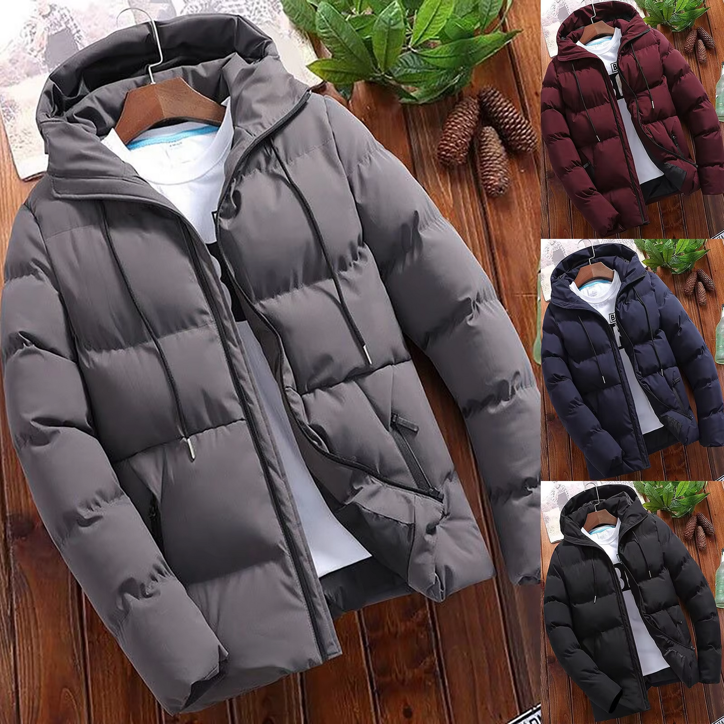 Men's puffer jacket with hood and zip front