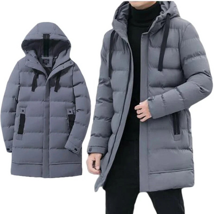 Men's long puffer jacket with hood and several pockets