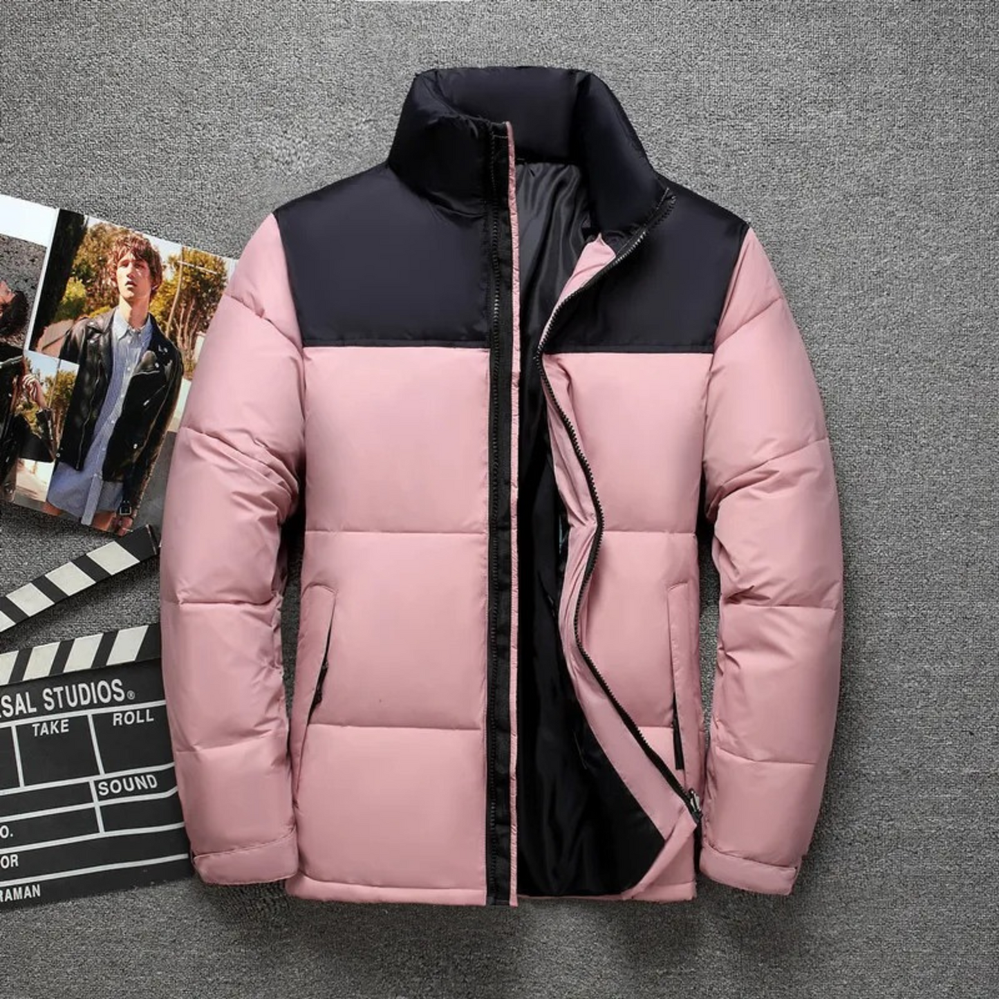 Men's puffer jacket with high collar and full-length zip