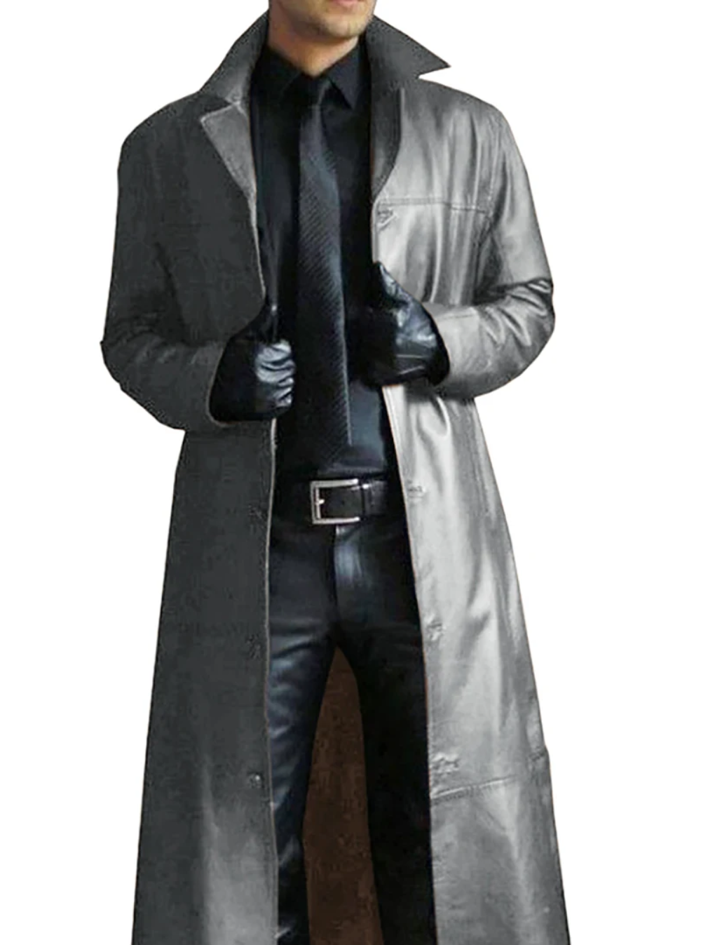 Modern men's coat - Long leather coat with classic lapels