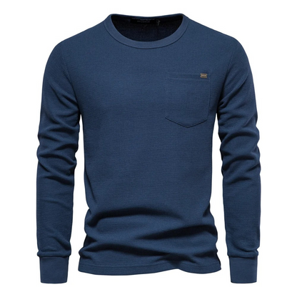 Men's sweater in waffle knit, long sleeve round neck with breast pocket