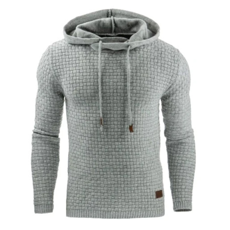 Men's sweater with hood, structured knitted jumper with drawstring