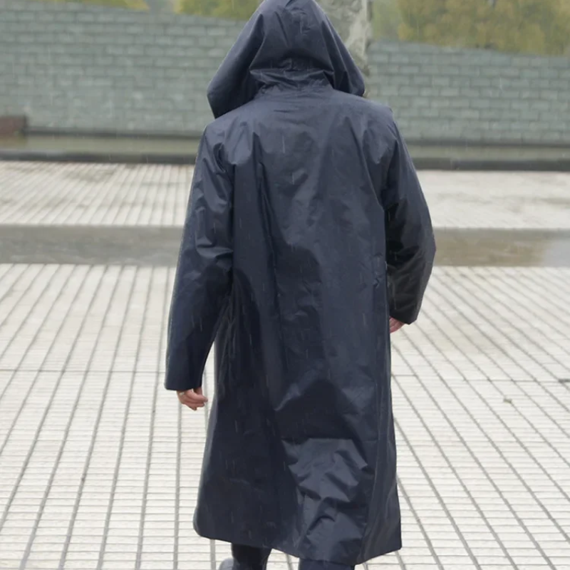 Men's long waterproof mackintosh with hood for outdoor use