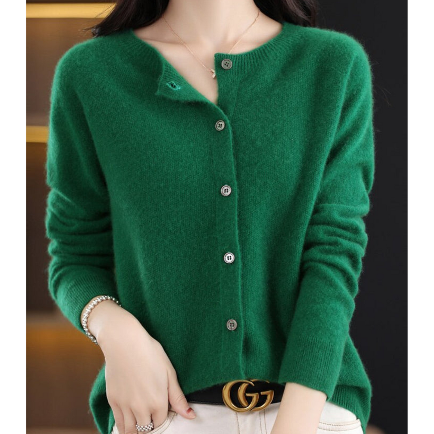 Pure Wool Ladies O-neck Cardigan Cashmere Sweater