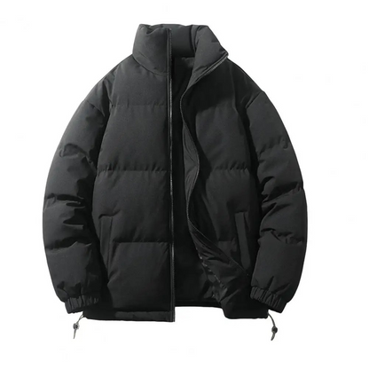 Men's puffer jacket with stand-up collar and adjustable hem