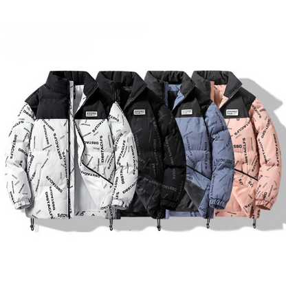 Men's puffer jacket with pattern print and drawstring