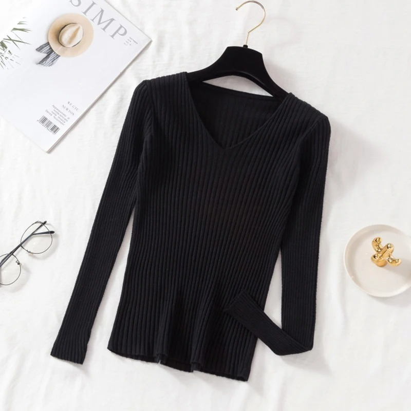 Slim-Fit Ribbed V-Neck Pullover For A Chic Look - Women's Sweater